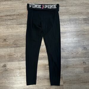 Y2K Victoria Secret Yoga PINK Fold Over Leggings Small Black Sequence VS